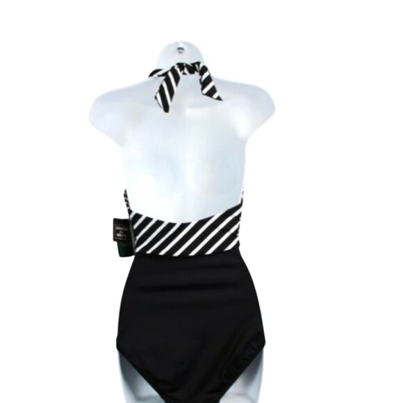 Black & White Halter Striped One-Piece Swimsuit With Wrap Front Design Back Tie - Picture 6 of 8